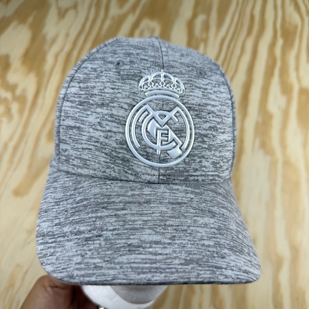 Real Madrid CF Soccer Hat Gray Heathered Adjustable Cap RMCF 3D Crest Logo